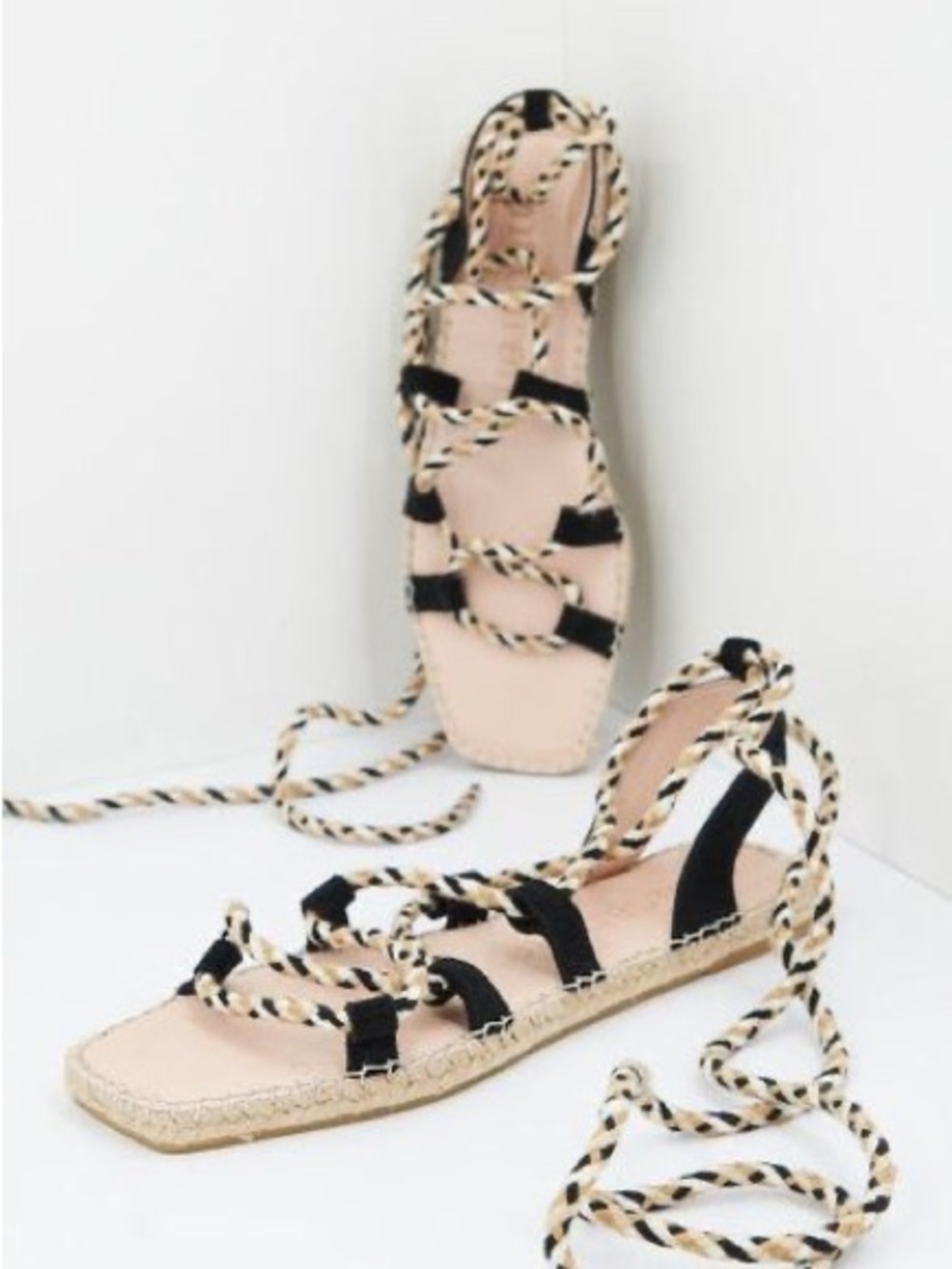 Braided Lace-Up Gladiator Sandals in Black and Beige